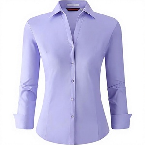 Camisa de Mujer Estilo Vintage, Tejida, con Botones, Manga Larga, Corte Regular, Formal, para Oficina, en Azul Sólido - Product Image 4