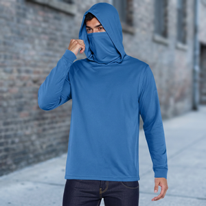 <b>Men's</b> Blue UPF 50 Polyester Hoodie Long Sleeve Anti-UV Fishing Wear Pullover Solid Color Face Covering Top - Product Image 3