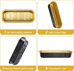 Aluminum <b>Foil</b> Mini Cake/Loaf Pans with Plastic Lid 6.8 Oz Rectangle Baking <b>Containers</b> Disposable Food Grade Black Gold - Product Image 3
