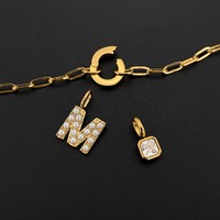Collier en acier inoxydable eManco, chaîne trombone, zircon pavé, lettre A, cristal carré, breloques détachables OT Ring