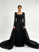 Robe de soirée de luxe de Dubaï, style arabe, à manches longues, col carré, avec corsage corset orné de fleurs 3D, de perles et de paillettes, et traîne, pour soirée musulmane
