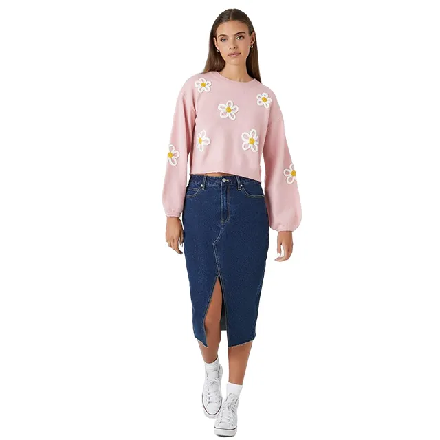 2023 musim gugur dan musim dingin wanita pakaian rajut leher bulat Jumper elegan Daisy grafis rajutan Pullover Sweater kustom bunga