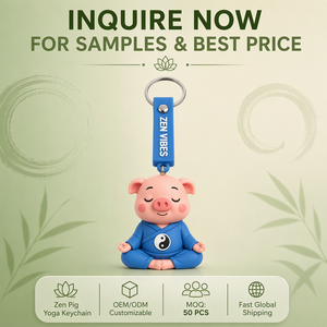 Porte-clés en PVC souple 3D en gros, figurine de cochon de méditation zen avec bracelet bleu, anti-stress, cadeau souvenir d'entreprise - Product Image 6