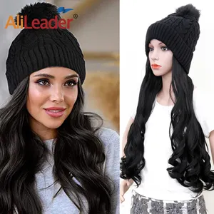 Fibra resistente al calor Pelo Largo ondulado cálido suave tejido Otoño Invierno gorro sintético peluca Gorro con pelucas de pelo para mujeres