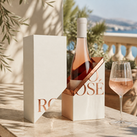 Boîte cadeau unique pour vin mousseux à coupe inclinée, avec couvercle et base, en carton gris spécial avec col intérieur métallisé or rose