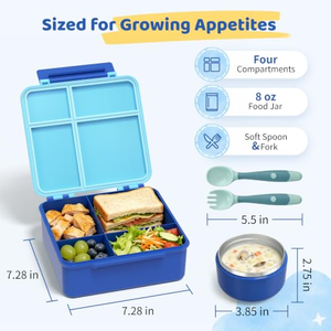 กล่องข้าวเบนโต 4 ช่อง ปลอดสาร BPA สำหรับวัยรุ่น พร้อมกระติกน้ำซุปเก็บอุณหภูมิ 8 ออนซ์ ป้องกันการรั่วซึม กล่องอาหารกลางวันสำหรับเด็ก พร้อมกระติกเก็บความร้อน - Product Image 3