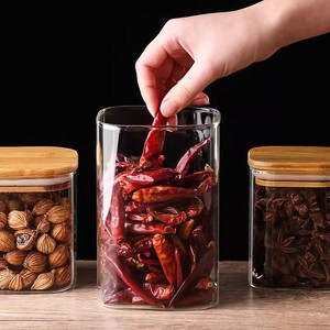 Frascos de especias de vidrio cuadrados de alta calidad con tapas de madera de bambú para juego de almacenamiento de alimentos de cocina - Product Image 3