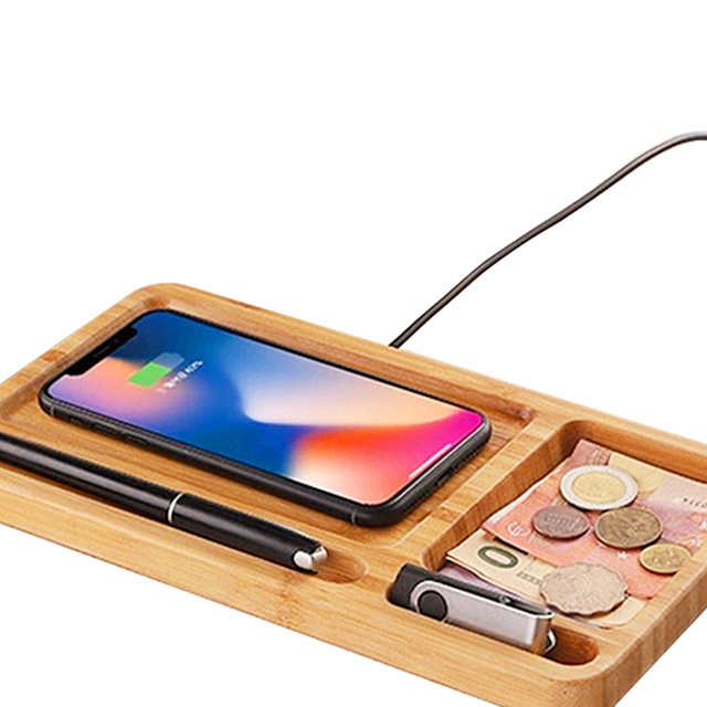 Wooden Wireless Charging Station For Multiple Devices Bamboo Universal 10W Fast Wireless Charger Pad with Power Bank Stand