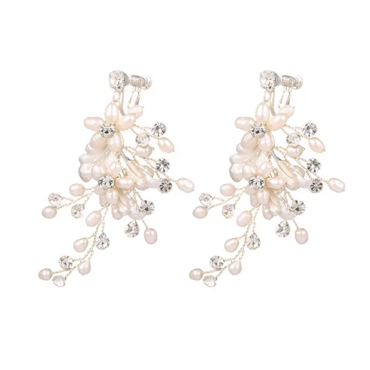 Simple wedding bride alloy gold freshwater pearl hair accessories earrings