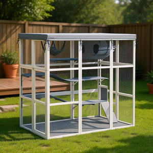 Enclos extérieur pour chat en bâche grise avec plateformes, hamacs, échelles, rampes, cage rectangulaire en métal pour 2 à 4 chats, toutes saisons - Product Image 2