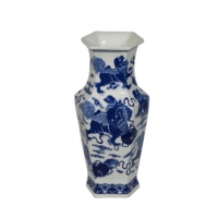 Vase de table hexagonal Art Déco en porcelaine bleue et blanche, motif Danse du Lion peint à la main, céramique chinoise exquise et durable pour la maison