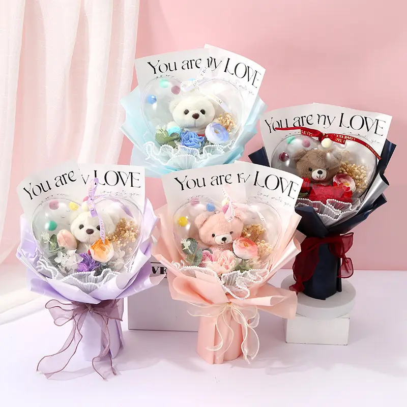 Neues Design Herzform Valentinstag Rosen Box Transparenter Blumenstrauß Bobo Ball Wasserdichter Acryl bär Plüsch Puppen seifens trauß