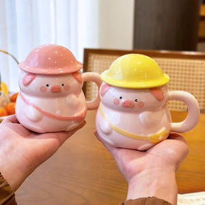 Zuo Mu Cute Pig Ceramic <b>Mug</b> <b>With</b> <b>Lid</b> And Handle Hand Painted Reusable Gift For Office And Couples - Product Image 2