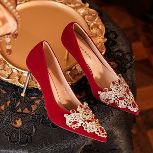 <b>Red</b> Velvet Pointed Toe Stiletto <b>Heels</b> With Rhinestone Decoration Elegant Wedding Dress Shoes For Bride And Bridesmaid - Product Image 2