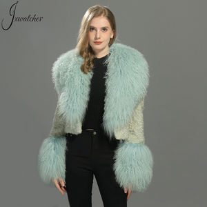 <span class=keywords><strong>Manteau</strong></span> court en laine Tweed aux cheveux bouclés personnalisés de haute qualité pour femmes veste en tweed de laine recadrée avec de vraies poignets à col en fourrure de Mongolie - Product Image 3