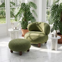 Fauteuil d'appoint confortable et moderne avec ottoman, structure en bois, en tissu bouclé, pour la détente à la maison et le salon