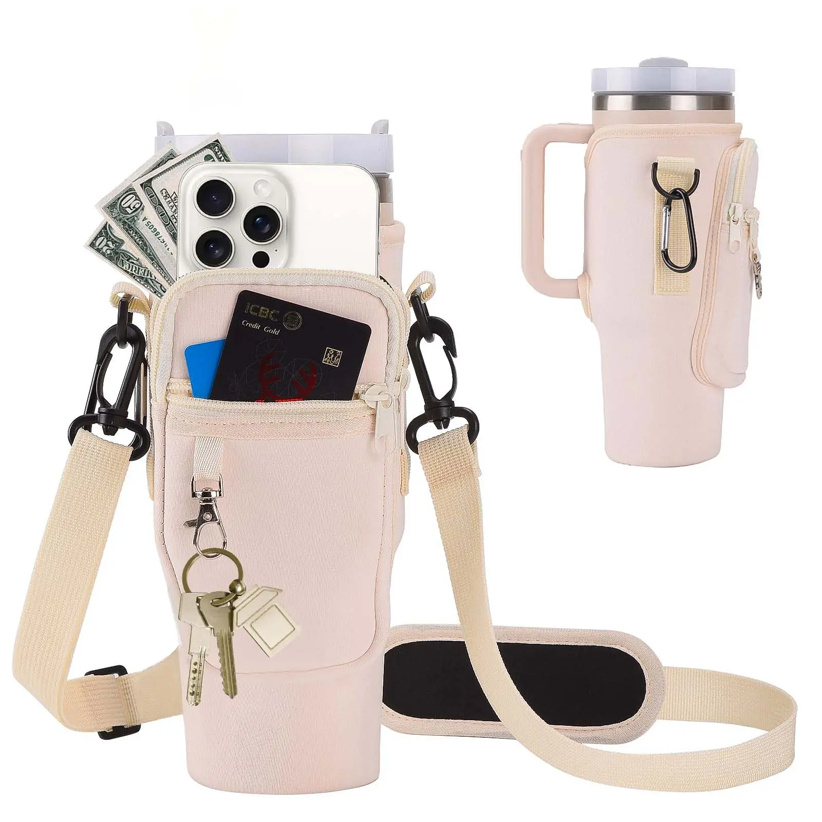 Có Thể Điều Chỉnh Dây Đeo Neoprene 30Oz 40Oz Chai Nước Túi Tàu Sân Bay Tay Áo Pouch Cốc Chủ Sling Túi Với Túi