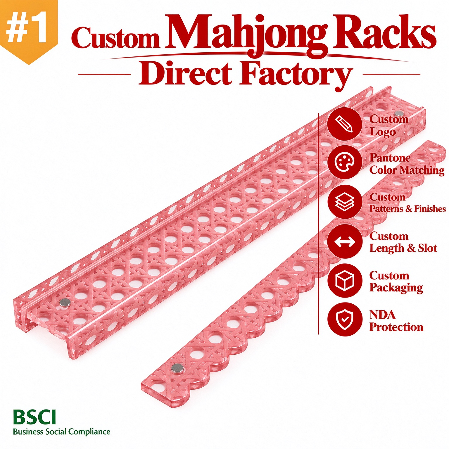 Family Gathring Wavy Design Woven Bamboo Arylic 20" Mahjong Pusher Pink Handmade Cane Rattan Racks for Mahjong
