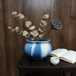 Vaso per Piante Grasse in Ceramica di Alta Qualità, Design Minimalista Rotondo con Dettagli Blu per Cactus e Piccole Piante - Product Image 4