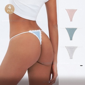 Slip G-string da donna in cotone a costine 95% a vita bassa con finiture in pizzo, morbido ed elasticizzato, per uso quotidiano - Product Image 3