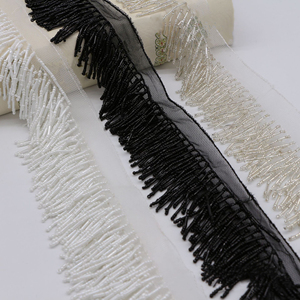 3-Rows Hanging Beads <strong>Heavy</strong> Tubes Beaded <strong>Lace</strong> <strong>Fabric</strong> Skirts Handmade Clothes <strong>Black</strong> White Beaded Tassel Fringe Edge <strong>Lace</strong> Trim - Product Image 1