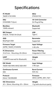 GEPRC TAKER H743 <span class=keywords><strong>MINI</strong></span> Stack 32Bit 60A 20x20 Contrôleur de vol STM32H743 ICM42688P Double BEC 3-8S Drone FPV Quadricoptère - Product Image 5