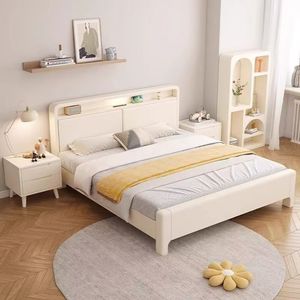 Modern Minimalist Wooden <b>Bed</b> 1.8M <b>White</b> Cream <b>Double</b> Size Nordic Style Storage Frame Bedroom Furniture - Product Image 3
