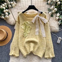 Pull en tricot à fleurs 3D pour femmes, style décontracté, doux et luxueux, pour l'automne et l'hiver