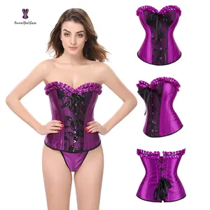 WOMAN CORSET SATIN Overbust Lace Up Busiter Shapewear Open Back