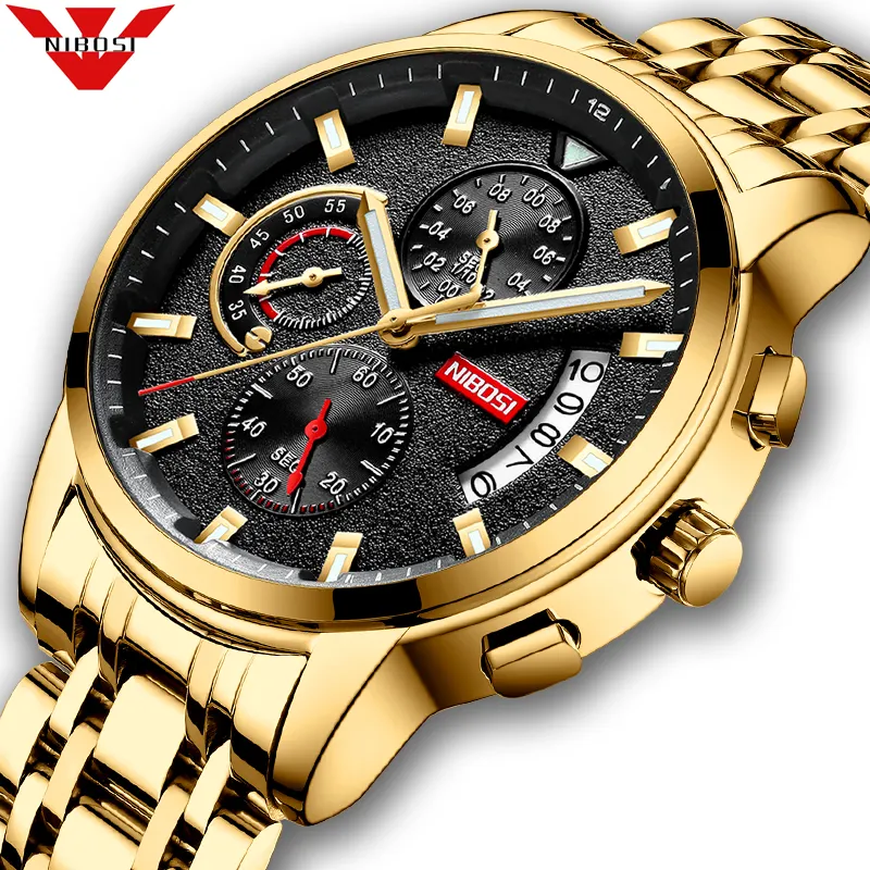 NIBOSI Quartz Watch Men Sport Watches Men Steel Band Clock Waterproof Gold Wrist Mens Watch Relogio Masculino 2358