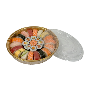 โร<span class=keywords><strong>ง</strong></span><span class=keywords><strong>ง</strong></span>านผลิตภาชนะใส่ซูชิโดยตรง เกรดอาหาร PET บรรจุภัณฑ์เย่ซัง ยูเซิง ขนาด 25 ซม. ภาชนะพลาสติกทร<span class=keywords><strong>ง</strong></span>กลมสีทองพร้อมฝาปิดแบบแบน - Product Image 5