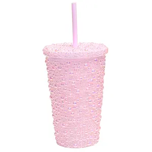 Garrafa de água glitter de plástico cravejado de strass Bling, copo completo com certificado da FDA, atacado de 450ml/650ml, utensílios para bebidas de luxo