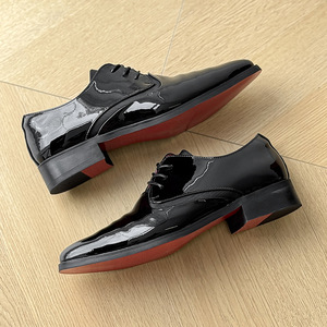 2026 Men's Elegant Pointed <b>Toe</b> Shiny Lace Up Shoes Pleated Detail Red Sole Dress Shoes - Product Image 4