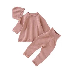 New Garment Baby Clothing Set 3Pcs Unisex Knitted Long Sleeve Top and Pants with Hat Set