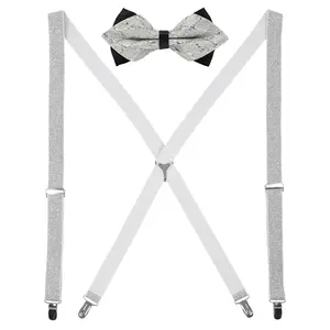 Custom Plain Cheap Men Solid Strong Clip Adjustable Braces Bow Tie Leather Suspenders For Tuxedo