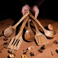 Ensemble d'ustensiles de cuisine en bois de teck ZHENNENG, spatule en bois, louche à soupe, cuillère de cuisine, cuillères à salade, ustensiles de cuisine naturels et écologiques