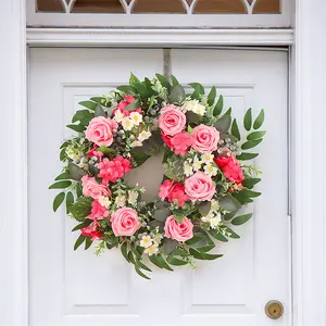 2024 New pink rose wreath hanging decorative wreaths swags OEM artificial silk floral spring flower wreath for decor