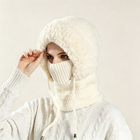 3-en-1 Cagoule d'hiver en tricot plat, doublée polaire, coupe-vent, masque intégral, cache-cou, avec cordon de serrage réglable, couvre-chef thermique pour le ski