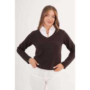 Chemisier à col tricoté marron pour femme, décontracté, pour tous les jours, avec contraste de couleurs - Product Image 5