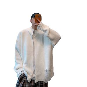 Veste à capuche en tricot délavé pour l'automne et l'hiver, style japonais rétro, décontractée, ample, col montant, pull fin, cardigan tendance - Product Image 5