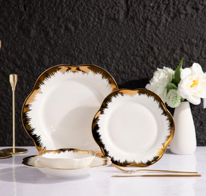 Nuevo Juego de Vajilla de Porcelana Fina de Lujo, Blanco con Borde Dorado, Plato y Tazón con Forma de Flor, para Hotel, Restaurante, Regalo de Boda - Product Image 6