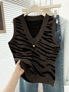 Chaleco de punto sin mangas con estampado de cebra y cuello en V para mujer, suelto, informal, para otoño e invierno, uso diario, OEM ODM - Product Image 2