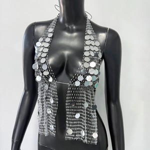Women's Silver Rhinestone Mesh Halter <strong>Top</strong> <strong>Sparkly</strong> <strong>Vest</strong> Perfect for Clubs Festivals Raves and Night-out Looks - Product Image 4