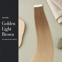 Extensions de cheveux lisses en ruban adhésif, couleur brun doré à blond pâle, effet rideau, brillance douce, pour usage quotidien