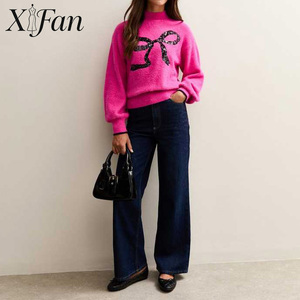 เสื้อสเวตเตอร์ครอปคอสูงแฟชั่นใหม่สำหรับผู้หญิง ตกแต่งด้วยโบว์ริบบิ้นปักเลื่อมแบบ OEM สั่งทำได้ - Product Image 4