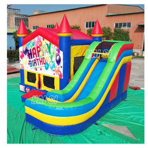 Château gonflable commercial pour enfants avec toboggan, durable, 5x5m, bannière joyeux anniversaire - Product Image 4