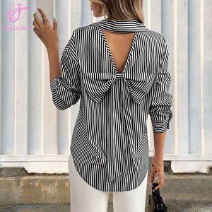 Camicia Loveda estiva da donna, casual, a righe bianche e nere, con fiocco sulla schiena e bottoni sul davanti, a maniche lunghe, molto venduta. - Product Image 4