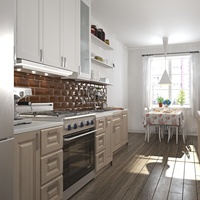 Ensemble d'armoires de cuisine rétro bicolore en bois de bouleau massif avec comptoir en quartz, meuble de rangement inférieur blanc à grain de bois, îlot central