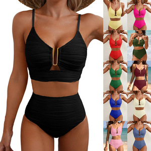 Traje de baño bikini de 2 piezas para <span class=keywords><strong>mujer</strong></span>, nuevo modelo 2026, estilo europeo-americano, con cuello en V, diseño hueco, cintura alta y textura plisada. - Product Image 1