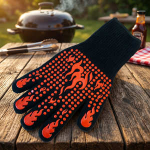 Extreme Heat Resistant <b>BBQ</b> Grilling Gloves Canvas Flame Pattern Non-Slip Fireproof Kitchen Oven Mitts Dishwasher Safe Easily - Product Image 3